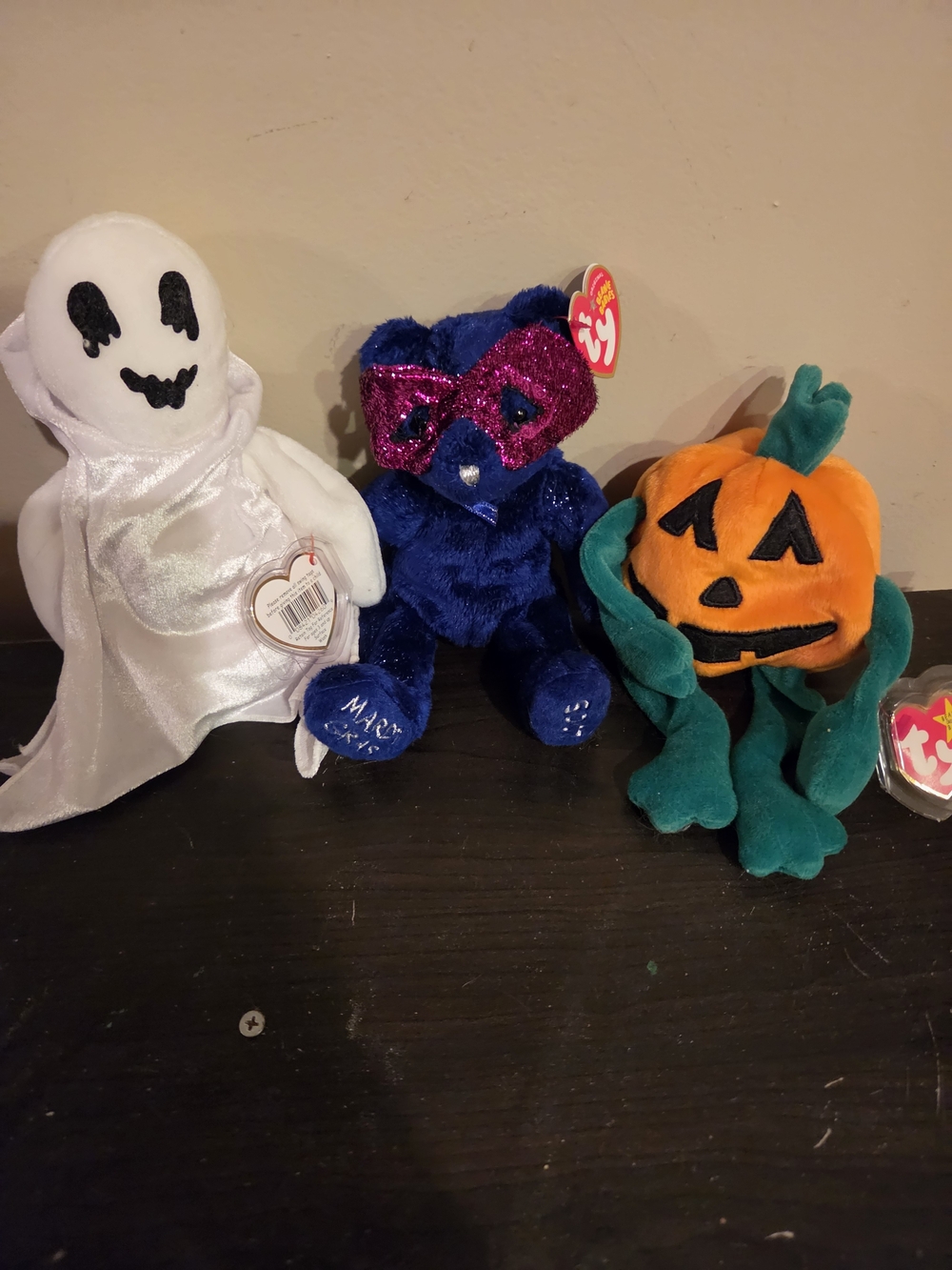Ty Plush Halloween Trio - White Ghost, Blue Bear with Pink Mask, Orange Pumpkin
